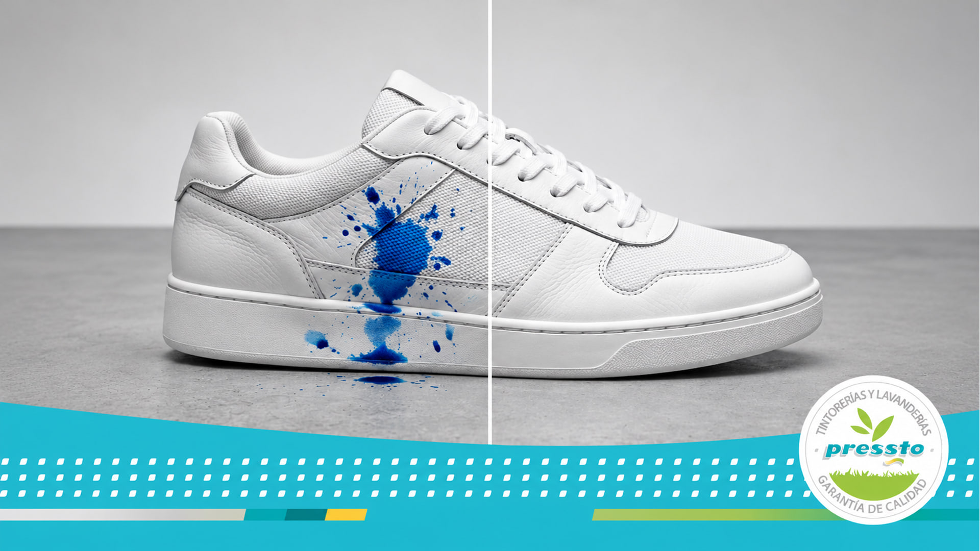 Comparativa de una zapatilla blanca antes y después de tratar una mancha de tinta